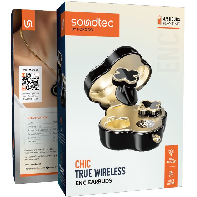 Porodo Soundtec Chic True Wireless Earbuds with ENC, Up to 4.5 Hours Working Time, Bluetooth Version 5.4, 10m Transmission Range, Omnidirectional Microphone, Immersive Audio, Ergonomic Fit, Includes 18cm Chain - Black