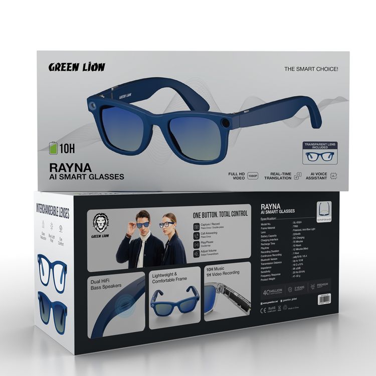 Green Lion Rayna AI Smart Glasses with ChatGPT-Powered Translation, Noise-Reduction Microphone, AI Voice Assistant, Transparent Lens, Blue Light Filter, 10 Hours Playtime, 1080 pixels Full HD Stabilized Video, Lightweight & Comfortable Frame - Blue