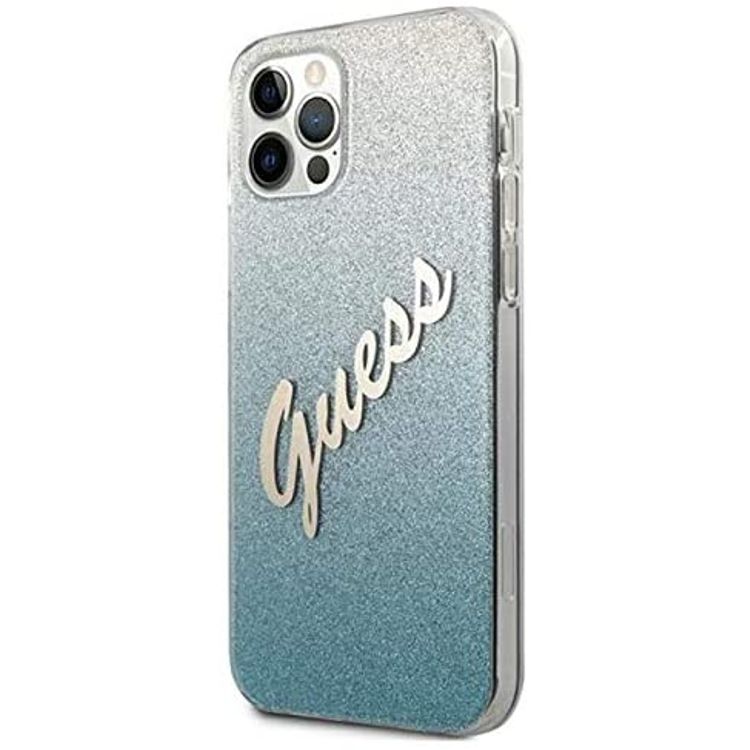 CG MOBILE Guess HC PC/TPU Script Glitter Back Shield Hard Phone Case Compatible for Apple iPhone 12 Pro Max (6.7") Shock-Absorption Mobile Case Officially Licensed - Gradient Blue