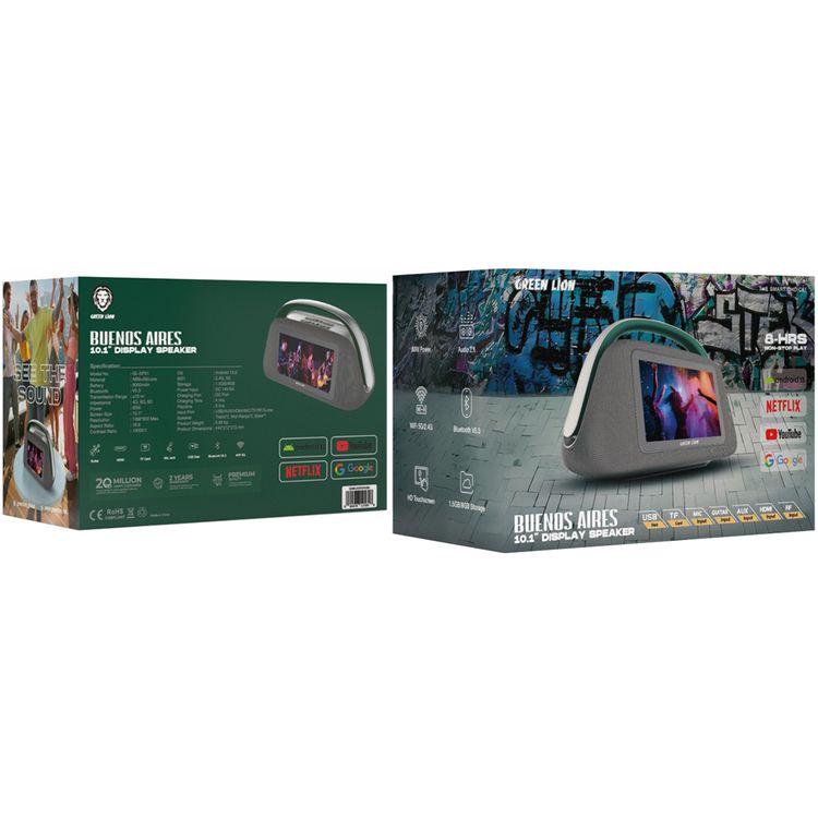 Green Lion Buenos Aires Display Speaker with 10.1" HD Touchscreen, Bluetooth Version 5.3, ABS & Silicone Material, 8000mAh Battery Capacity, 10m Transmission Range, DC Charging Port, 4 Hours Charging Time, 8 Hours Play Time, Multiple Ports Support - Black