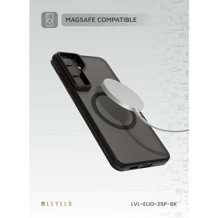 جراب Levelo Elio لهاتف Samsung Galaxy S25 Plus متوافق مع MagSafe، حلقة كاميرا معدنية، حامل مدمج، تصميم رفيع للغاية، مضاد للاصفرار - أسود