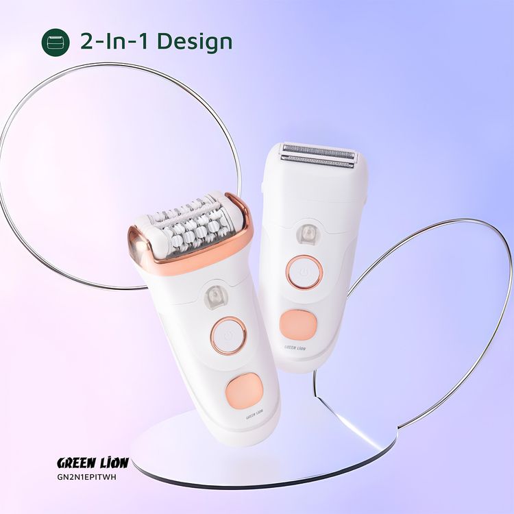 Green Lion 2-in-1 Epilator with Shave & Trim & Epilate Function, Cleaning Reminder, Stainless Steel Blades, 8500RPM Motor, Ergonomic Design, 400mAh Battery Capacity. Digital Display - White
