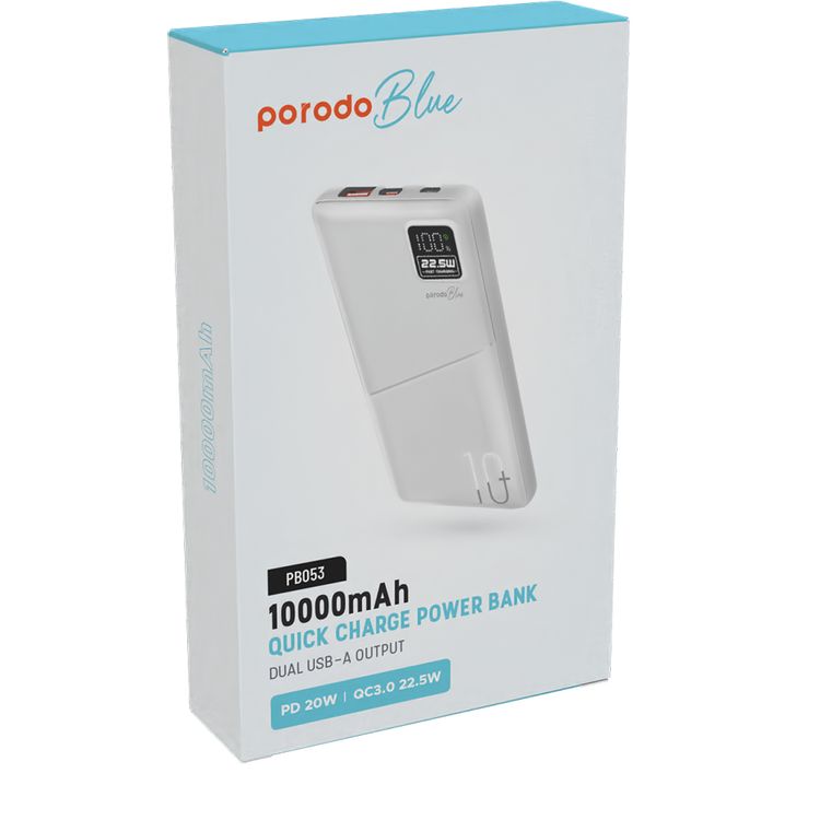 Porodo Blue Quick Charge Power Bank with USB-A & USB-C Outputs, 10000mAh Battery Capacity, Digital Display, 20W Power Delivery - White