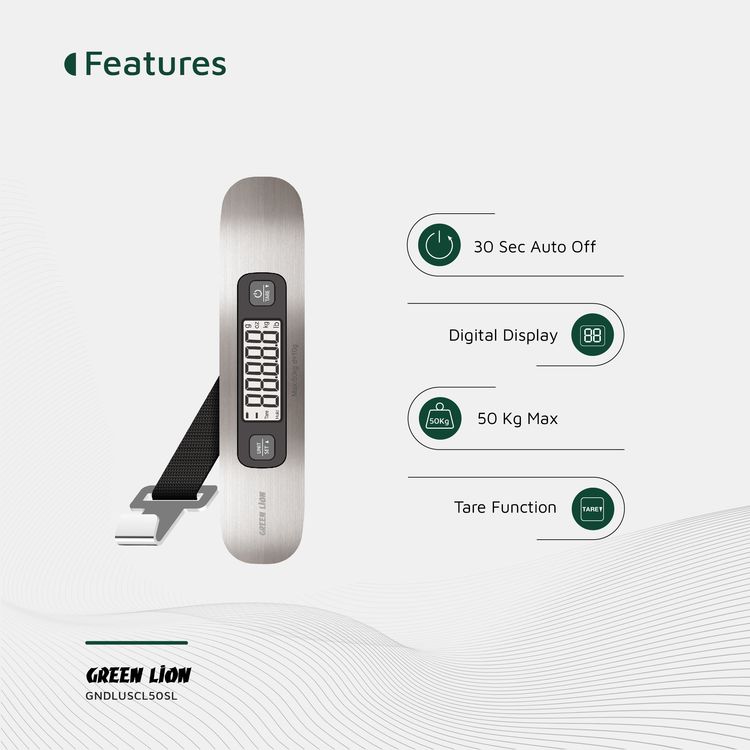 Green Lion Digital Luggage Scale with Overload & Low Battery Indicator, 30s Auto Shut Off, Tare Function, 1-50kg Capacity & 10g Division, Digital Display - Silver