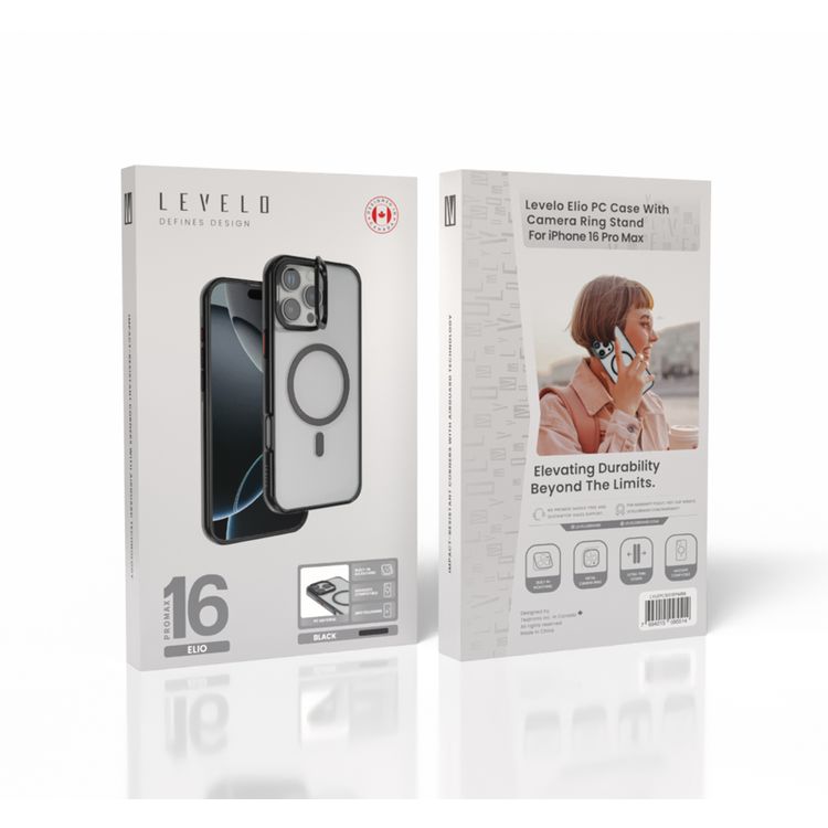 Levelo Elio PC Case with Camera Ring Stand for iPhone 16 Pro Max, Built-in Kickstand, MagSafe Compatible - Black 