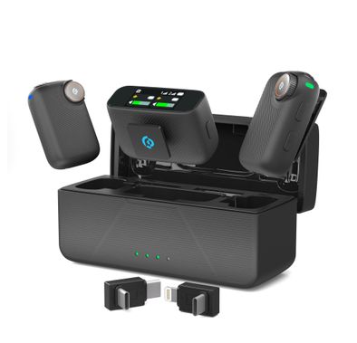 Powerology Pure Q1 AI Noise-Cancelling Microphone with Crystal-Clear Sound, Bluetooth BGM Streaming, Instant Auto Pairing, Multi-Scene Reverb Modes, Type-C Charging Port, One-Touch Noise Cancellation, 5.5 Hours Transmitter, 7.5 Hours Receiver with BGM, Earphone Monitoring- Black