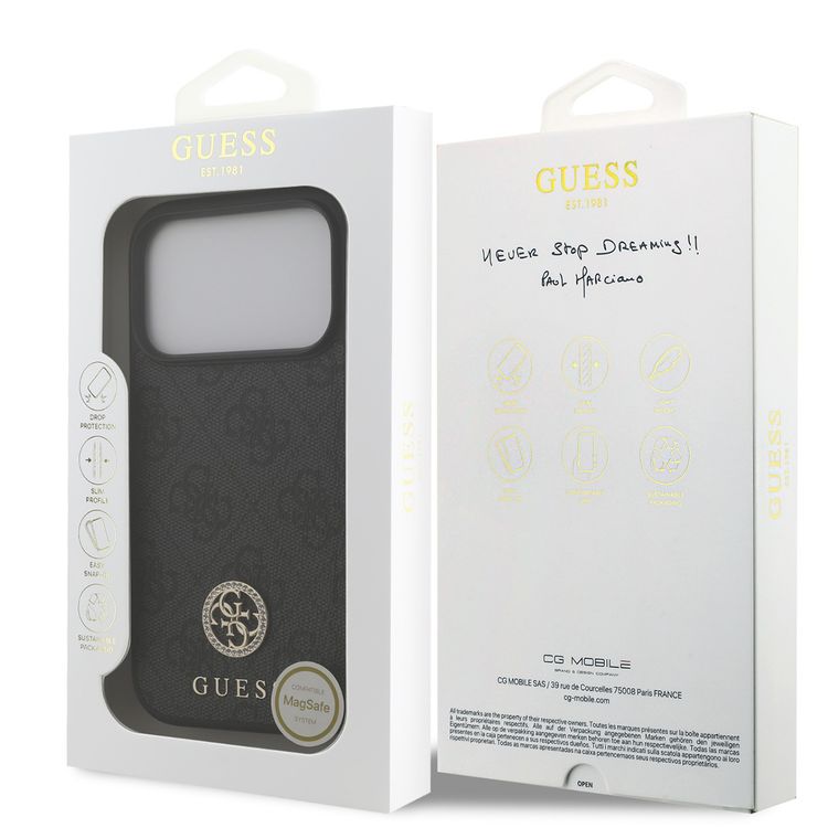 جراب MagSafe 4G من الجلد الصناعي مع شعار كلاسيكي ومرصع لجهاز iPhone 17 Pro Max، تصميم خفيف الوزن، حماية من السقوط، سهل التركيب، بروفايل نحيف، تغليف مستدام، قبضة مريحة - أسود