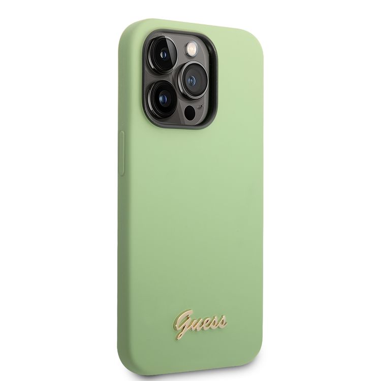 Guess Liquid Silicone Case With PC Camera Outline & Script Metal Logo - iPhone 14 Pro Max - Green