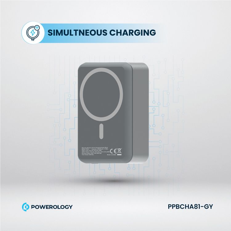 Powerology 30000mAh MagSafe Aluminum Power Bank with 20W Power Delivery, 15W Wireless Output, Li-Polymer Battery, Simultaneous Charging, Compact Design - Dark Gray