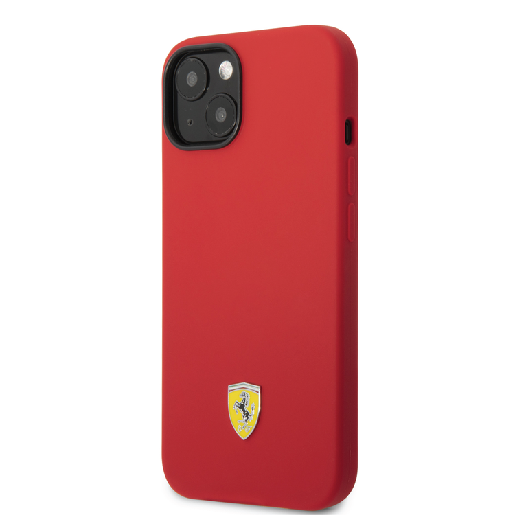 Ferrari Liquid Silicone Case with Black Camera Outline & Metal Logo iPhone 14 Compatibility - Red