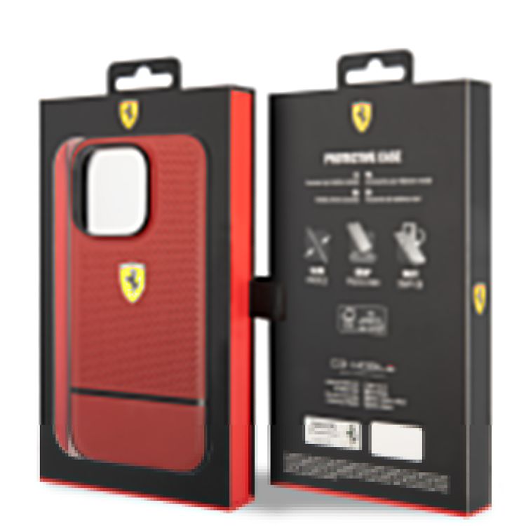 Ferrari Genuine Leather Case Perforated and Bottom Contrasted Line iPhone 14 Pro - Red