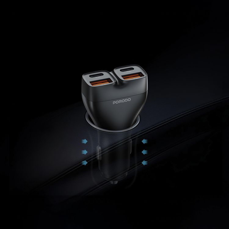 Porodo Dual Power Car Charger with USB-C to Lightning Cable, PD 30W, QC 18W, ×2 USB-A & ×2 USB-C Ports, 102W High Power Output, Fast Charging Technology, Smart Charging Protocols, Compact Design - Black