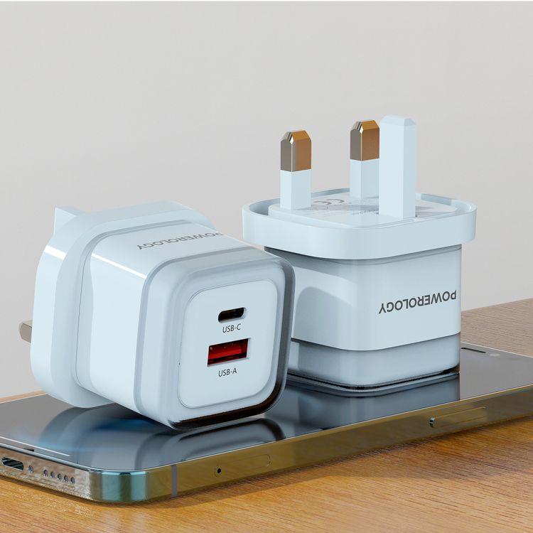 Powerology Lunex Dual-Port Fast Charging Adapter with USB-C & USB-A Ports, 35W Power Delivery, 22.5W USB-A Output, UK 3-Pin Plug, Universal Protocol Support, Multi-Device Charging - Blue