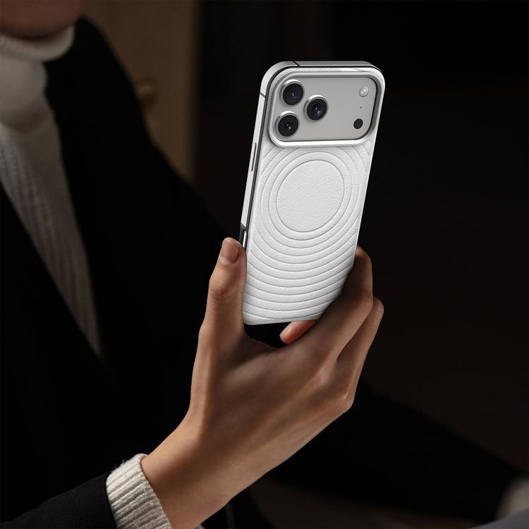 Levelo Spirale PU Leather Hybrid Case for iPhone 17 Pro, MagSafe Compatible & Strong Magnets, Impact-Resistant, Shock-Resistant Bumper, Aluminum Alloy Frame for Camera & Edges, Drop-Tested - Silverstone