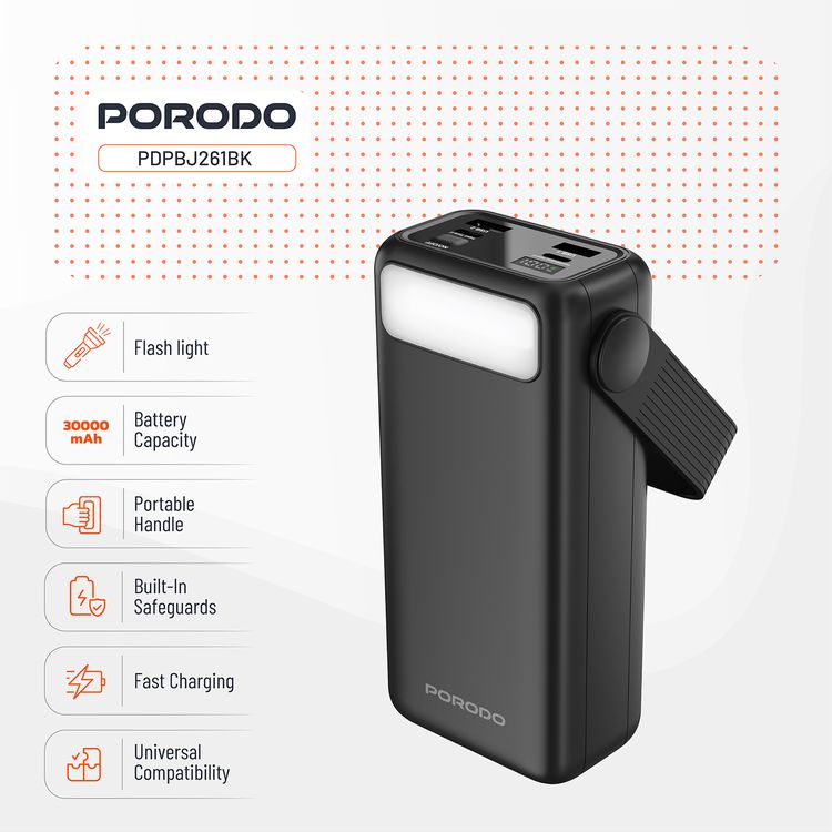 Porodo Lara 30000mAh Power Bank with Flashlight, Portable Handle, PD 20W, Fast Charging, ×2 USB-A & USB-C & Micro Ports, 4 Integrated Cables, Universal Compatibility - Black