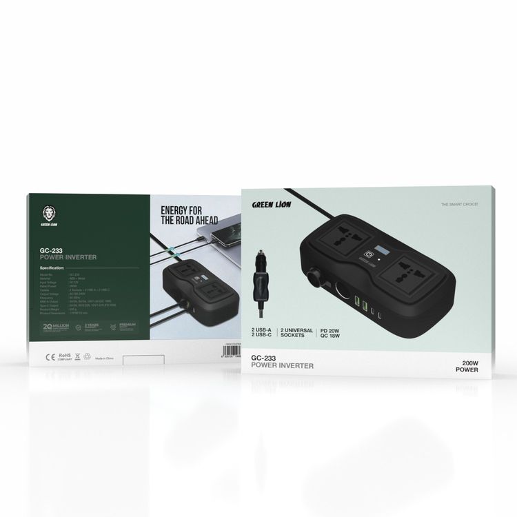Green Lion GC-233 Power Inverter with 2 Universal Sockets, LED Indicator, Digital Display, Heat Dissipation, 200W Rated Power - Black