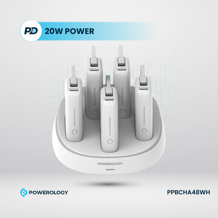 Powerology 5 x 10000mAh Power Bank Station with 50W PD, USB-A, USB-C, Type-C Built-in Cable, 12V/1A Max Contact Input, Rapid Recharging Station, High-Density Batteries, Type-C Built-in Cable, 5V/3A Total Output, Built-in Safeguards - White