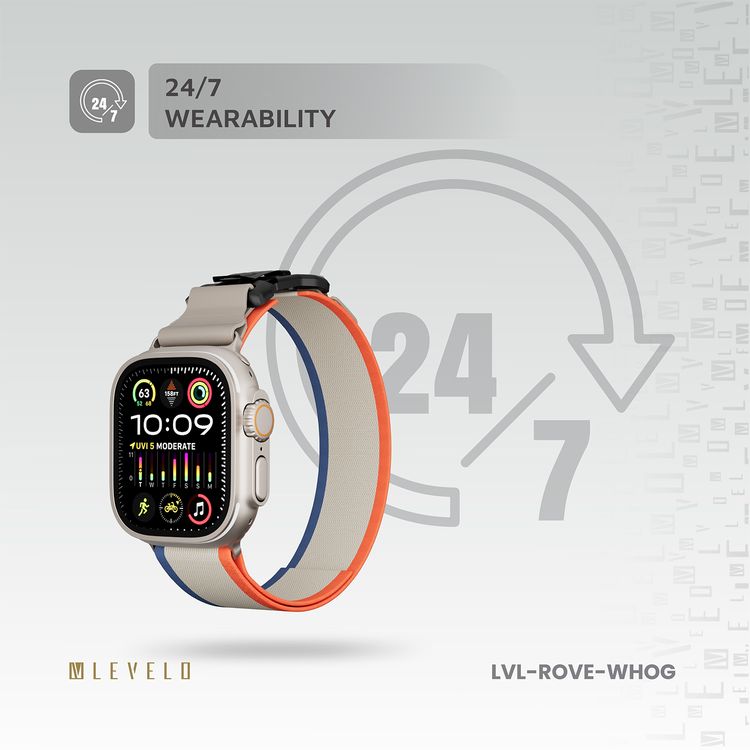 Levelo Rove Nylon Watch Strap with Magnetic Buckle, Compatible with 49/46mm Smartwatches & Apple Watch SE, Series 9, 8, 7, 6, 5, Abrasion Resistance, Hypoallergenic Material, Easy Snap-On & Quick Release Mechanism, Water-Resistant, Sweat-Resistant, 24/7 Wearability - White / Orange