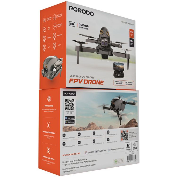 Porodo Aerovision FPV Drone, Lithium Battery, 100M Operational Distance, 360° Obstacle Avoidance, Optical Flow Positioning, 6 Axis Gyro Stabilizer, 15 Minutes Flying Time - Black