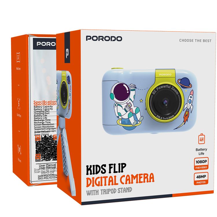 Porodo Lifestyle Kids Flip Digital Camera with Tripod Stand, Type-C Charging Port, 2.4" Wide Screen, 1000mAh Battery Capacity - Blue