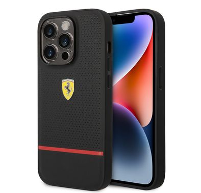 Ferrari Genuine Leather Case Perforated and Bottom Contrasted Line iPhone 14 Pro Max - Black