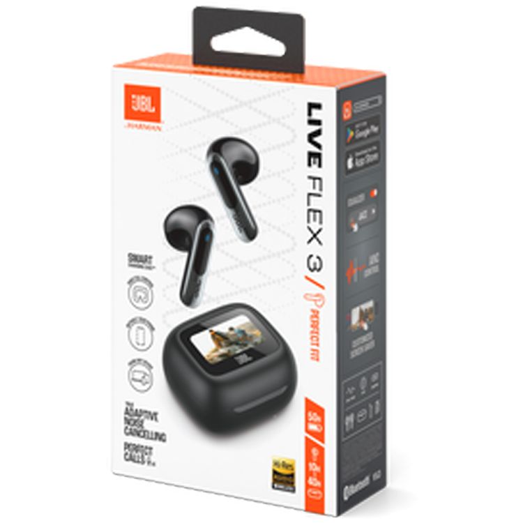 JBL Live Flex3 True Wireless Earbuds with Display, 50 Hours Battery Life, Adaptive Noise Cancelling, Multi-Point Connection, Water and Dust Resistant, 6 Microphones, JBL Spatial Sound - Black