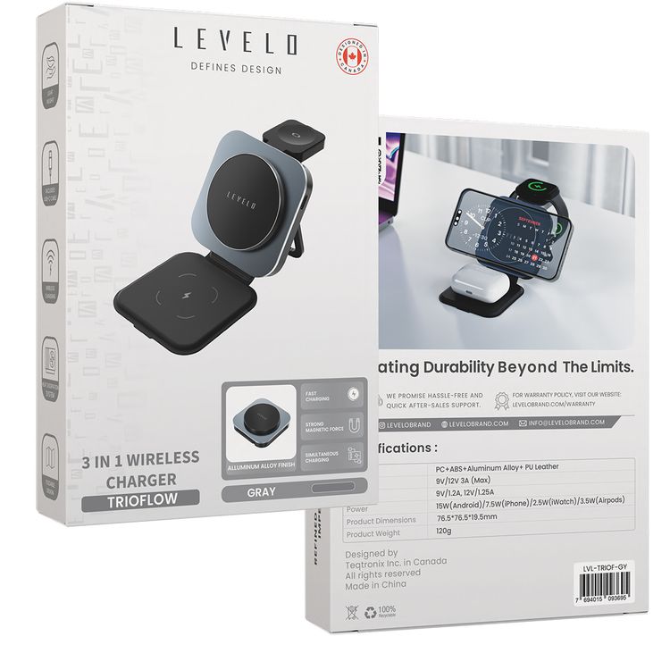 Levelo TrioFlow 3-in-1 Wireless Charger with Type-C Cable Included, Up to 15W Wireless Charging, Aluminum Alloy Finish, Simultaneous Charging, Foldable Design - Gray