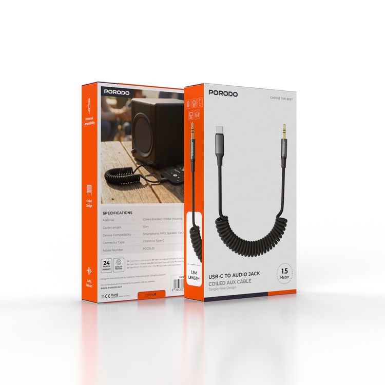 Porodo USB-C to Audio Jack Coiled AUX Cable with Universal Compatibility, 1.5m Cable Length, Coiled Design, Auto Retract, Coiled Braided + Metal Housing Material, Compatible with Smartphone/ MP3/ Speaker/ Car/Computer - Black