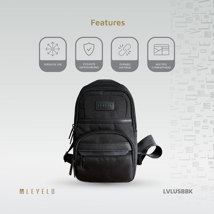 Levelo Urban Sling Bag with Multiple Compartments, 1680D Polyester Material, Lightweight Design, Ample Space, Versatile Use - Black
