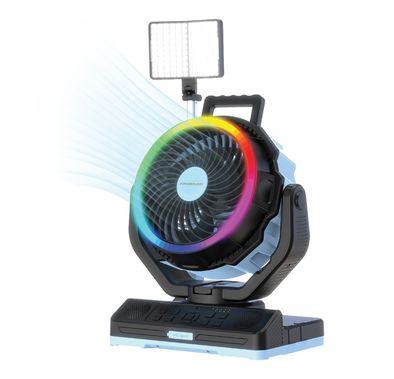 Powerology Ventopower Outdoor 40K Oscillating Fan with 6 Speed Levels, High Capacity Battery, Timer, Dynamic Mood Lighting, TF Card Playback, Oscillating Fan Head - Black