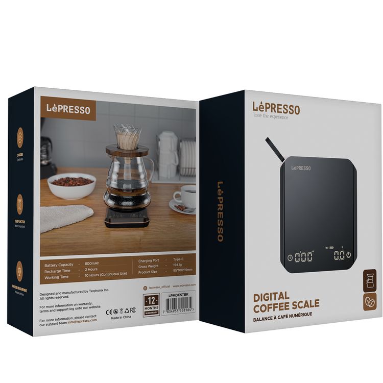 LePresso Digital Coffee Scale with Timer, Tare Function, Non-slip Platform, Auto Shut-off, Precise Measurement, 800mAh Battery Capacity, 10 Hours Working Time - Black