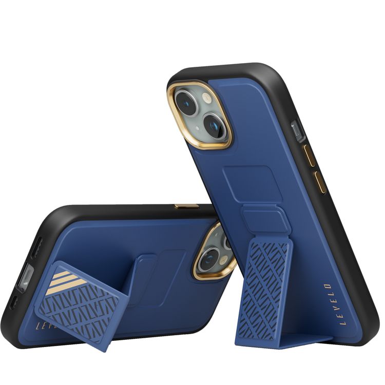 جراب Levelo Morphix Cuero Gripstand لهاتف iPhone 15 مع حامل بطاقات، أوضاع متعددة، جلد PU، حواف مقاومة للصدمات - أزرق