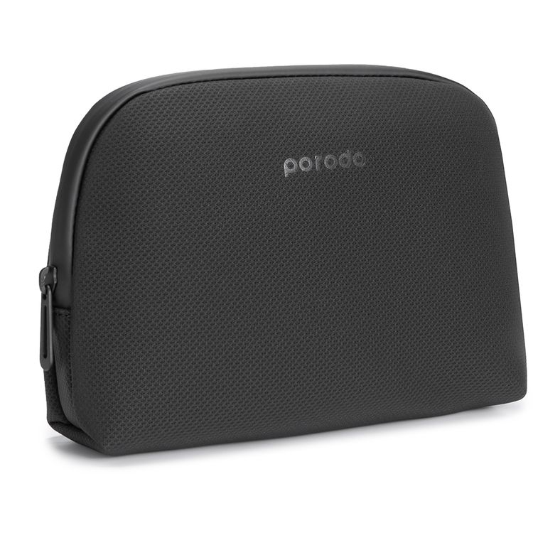 Porodo Geneva Tech Accessory Pouch with Easy-to-Carry Handle, 1L Capacity, PU Material, Zipper Closure, Water Resistant, Spacious Compartment, Cable Organizer - Black