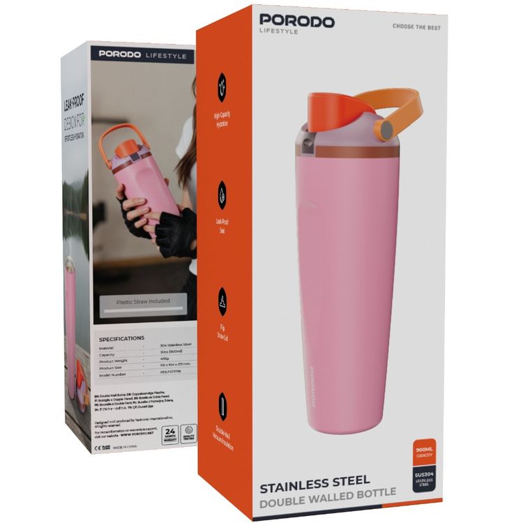 Porodo Stainless Steel Double-Walled Bottle with 900mL Capacity, Leak-Proof Seal, Plastic Straw Included, Portable Design, High-Capacity Hydration - Pink