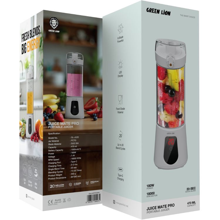 Green Lion Juice Mate Pro Portable Juicer with 470mL Capacity, 6-Blade Design, Food-Grade Material, Up to 20 Blending Cycles, 180W Power, 20 Seconds Single Blend Time, Auto-Off Function, LED Display - White