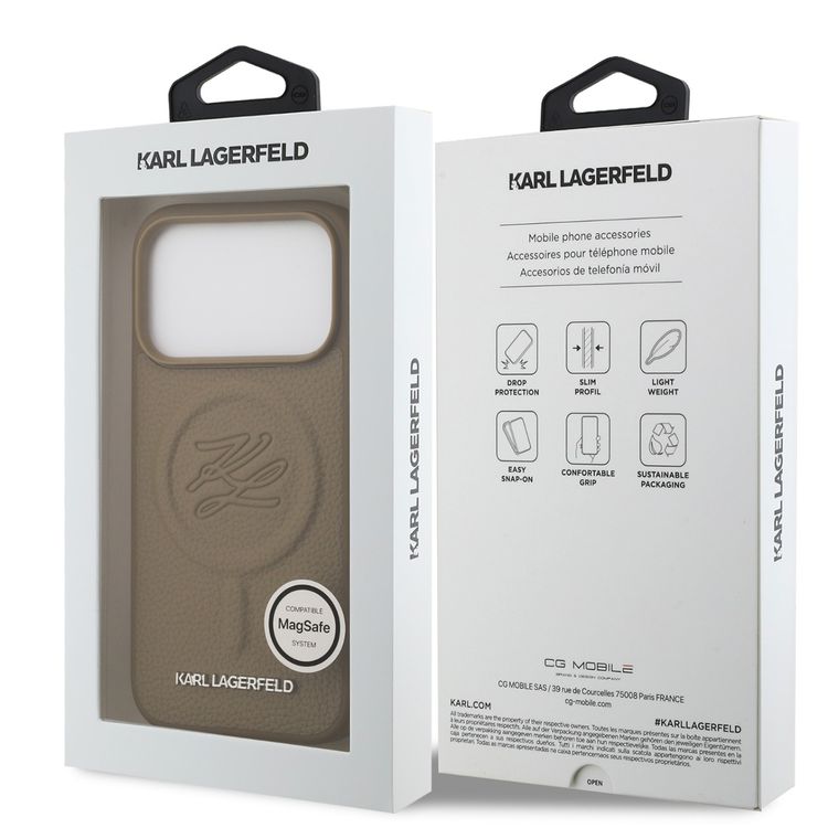 حافظة Karl Lagerfeld MagSafe من الجلد الصناعي لجهاز iPhone 17 Pro Max مع شعار بالحفر، تصميم نحيف، حماية من السقوط، تركيب سهل، تغليف مستدام، قبضة مريحة، تصميم خفيف الوزن - بني