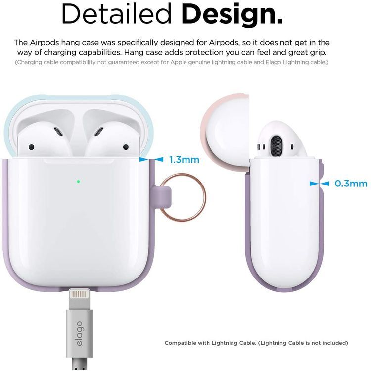 Elago Duo Hang Silicone Case with Apple AirPods Case 1 & 2 Generation, Drop Resistant, Dustproof and Absorbing Protective Cover with Hang Case Body-Lavender / Top-Pink, Pastel Blue