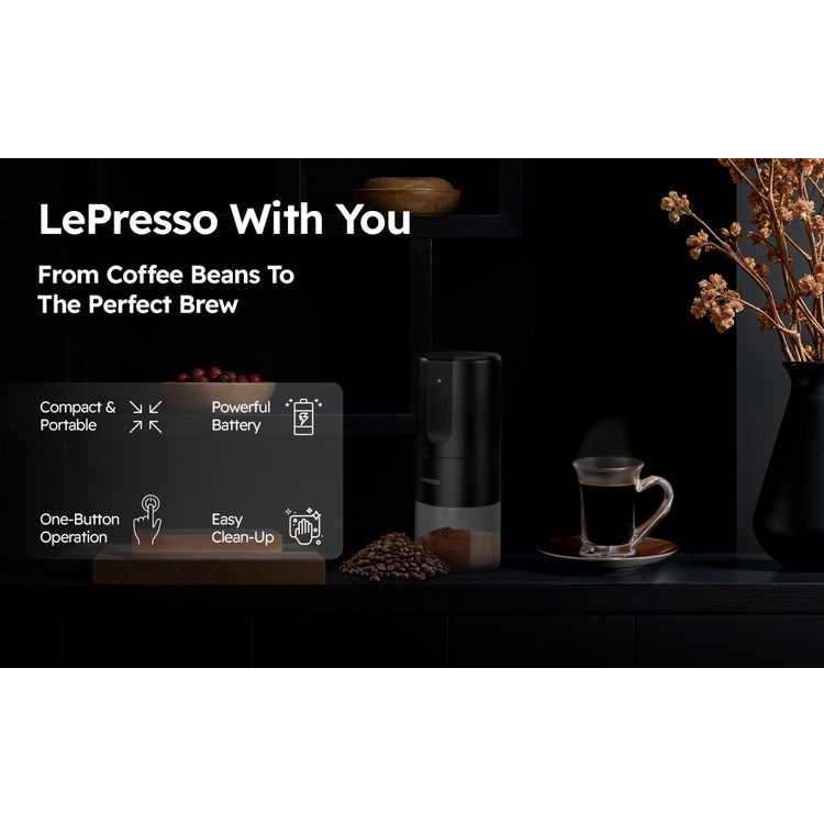 LePresso Conical Burr Grinder, 1200mAh Battery Capacity, 3 Hours Charging Time, Type-C Charging Port, Adjustable Grind Size, 160g Powder Container - Black