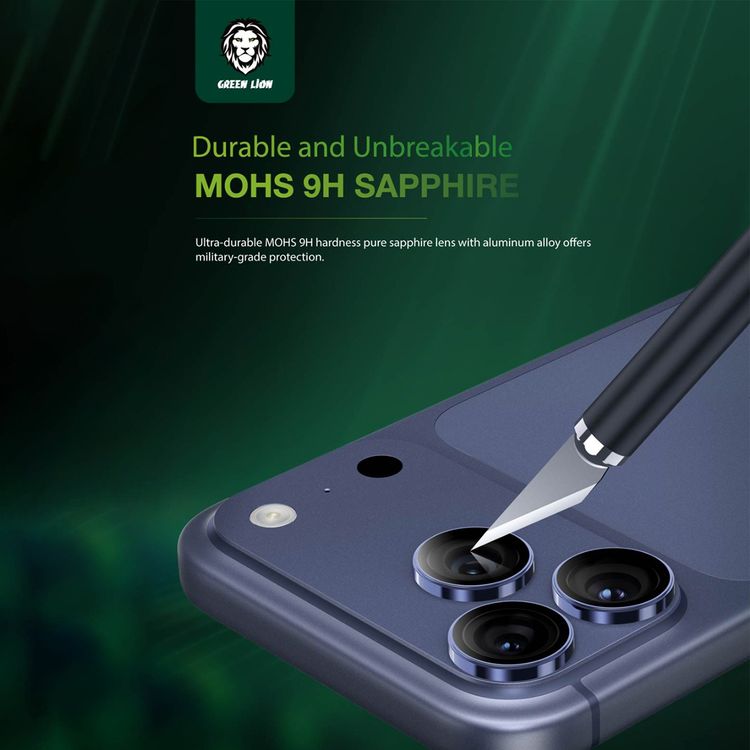 Green Lion Sapphire Camera Lens Protector for iPhone 17 Pro / 17 Pro Max, Full Coverage, PVD Technology, High Transparency, Military-Grade Glossy Shield - Blue Titanium
