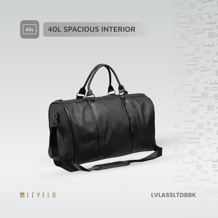 Levelo Allinstyle Saffiano Leather Travel Duffle Bag, 40L Spacious Interior, Comfortable Portability, Water Resistant, Exquisite Safeguarding - Black