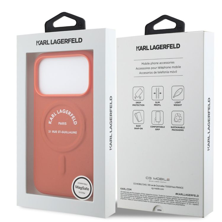 كفر Karl Lagerfeld MagSafe PU مع أزرار بشعار Karl RSG لهاتف iPhone 17 Pro Max، تصميم نحيف، سهل التركيب، تغليف مستدام، قبضة مريحة، حماية من السقوط، تصميم خفيف الوزن - برتقالي