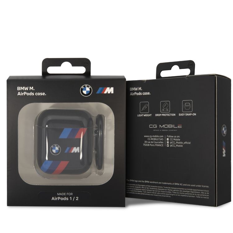 BMW M Collection Airpods 1&2 Case with Tricolor Stripes, Scratch Resistant, Shock and Impact Protections, Easy to Install, Snap-on Design, Fingerprint Resistant Surface - Black