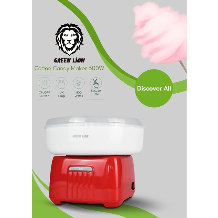 Green Lion Cotton Candy Maker with Measuring Spoon, Simple and Easy to Use, Easy to Clean and Disassemble, Turntable, Mesh, Undertake Tray & Cover - Red