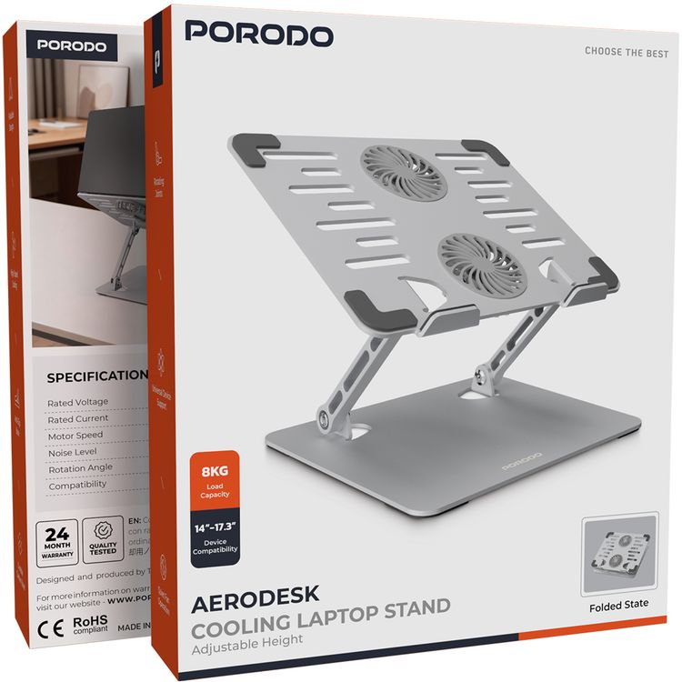 Porodo Aerodesk Cooling Laptop Stand with Adjustable Height, Rotating Joints, Quiet Fan Operation, Foldable Design, High-Speed Cooling, Anti-Slip, 8kg Load Capacity, USB-C Interface, 90° Rotation Angle, 4000rpm Motor Speed, 8kg Max Load Capacity - Silver