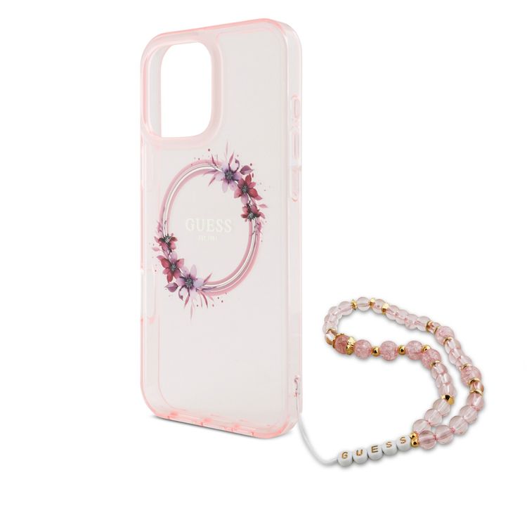Guess Magsafe IML Hard Case for iPhone 16 Pro with Flower Wreath Design & Pearl Strap, Lightweight, Comfortable Grip, Drop Protection - Pink
