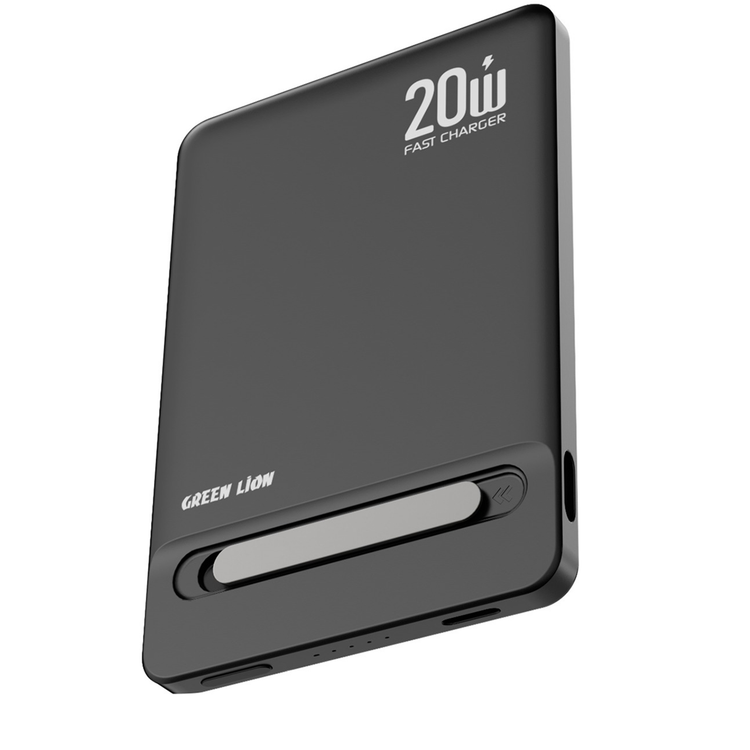 Green Lion Bond Power Bank 5000mAh with Safety Protections, Durable Braided Cable, Strong Magnets , Detachable Type-C Cable, Built In Stand, MagSafe Compatibility, Ultra-Slim Design - Black