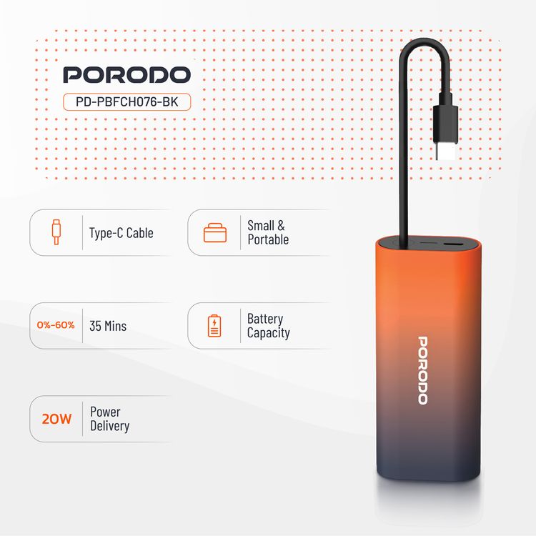 Porodo PB076 10000mAh Power Bank with  Integrated Type-C Cable, PD 20W, Type-C Port, Portable Design, Fast Charge Support - Black