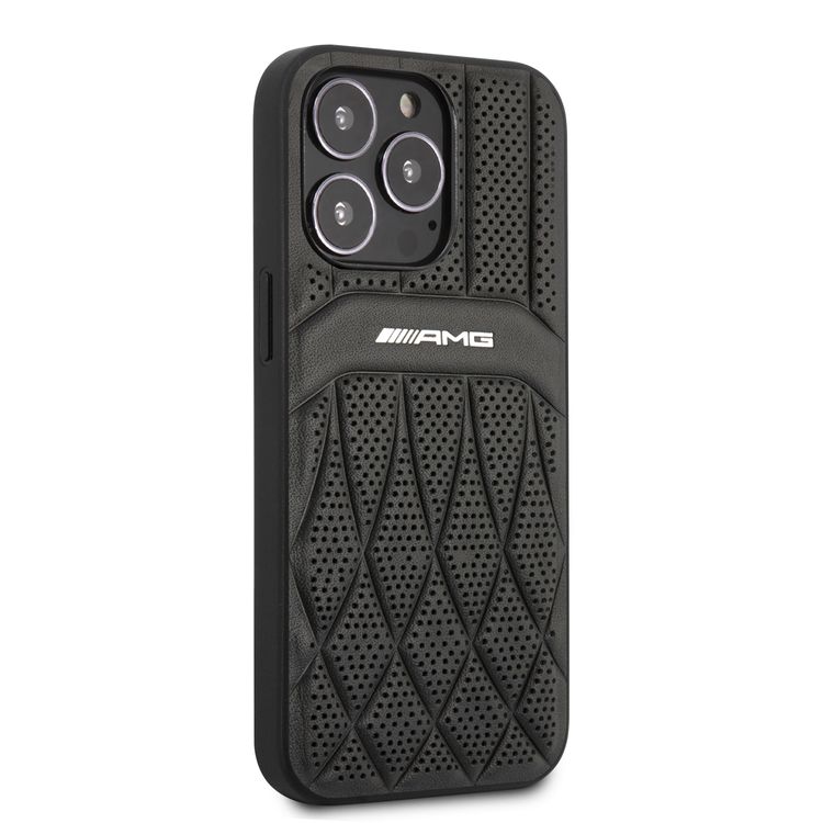 CG MOBILE AMG Genuine Leather Case With Perforated Black Leather Curved Lines Hot Stamped With Logo Compatible with iPhone 13 Pro Max (6.7") Easy Access to All Ports