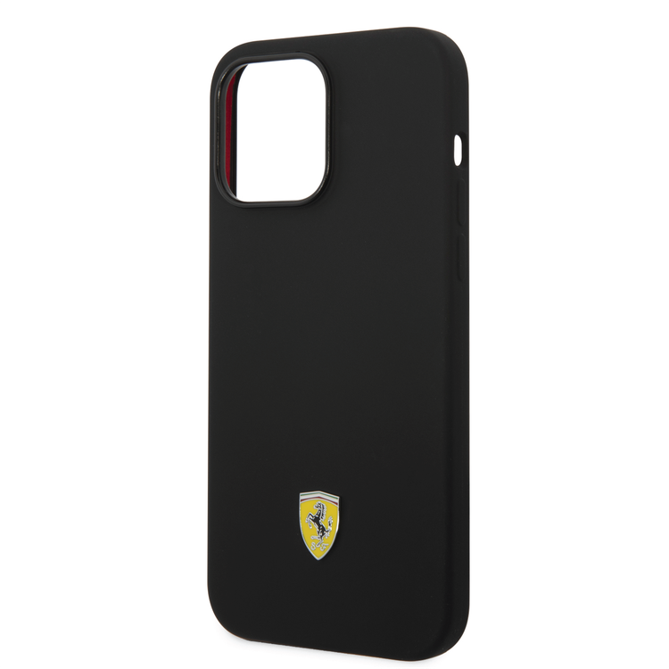 Ferrari Liquid Silicone Case with Black Camera Outline & Metal Logo iPhone 14 Pro Max Compatibility - Black