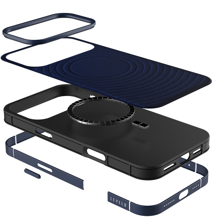 Levelo Spirale PU Leather Hybrid Case for iPhone 17 Pro Max, MagSafe Compatible & Strong Magnets, Impact-Resistant, Shock-Resistant Bumper, Aluminum Alloy Frame for Camera & Edges, Drop-Tested - Midnight Blue